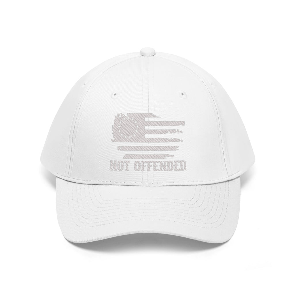 Embroidered Not Offended Adjustable Twill Cap in white with American flag design.