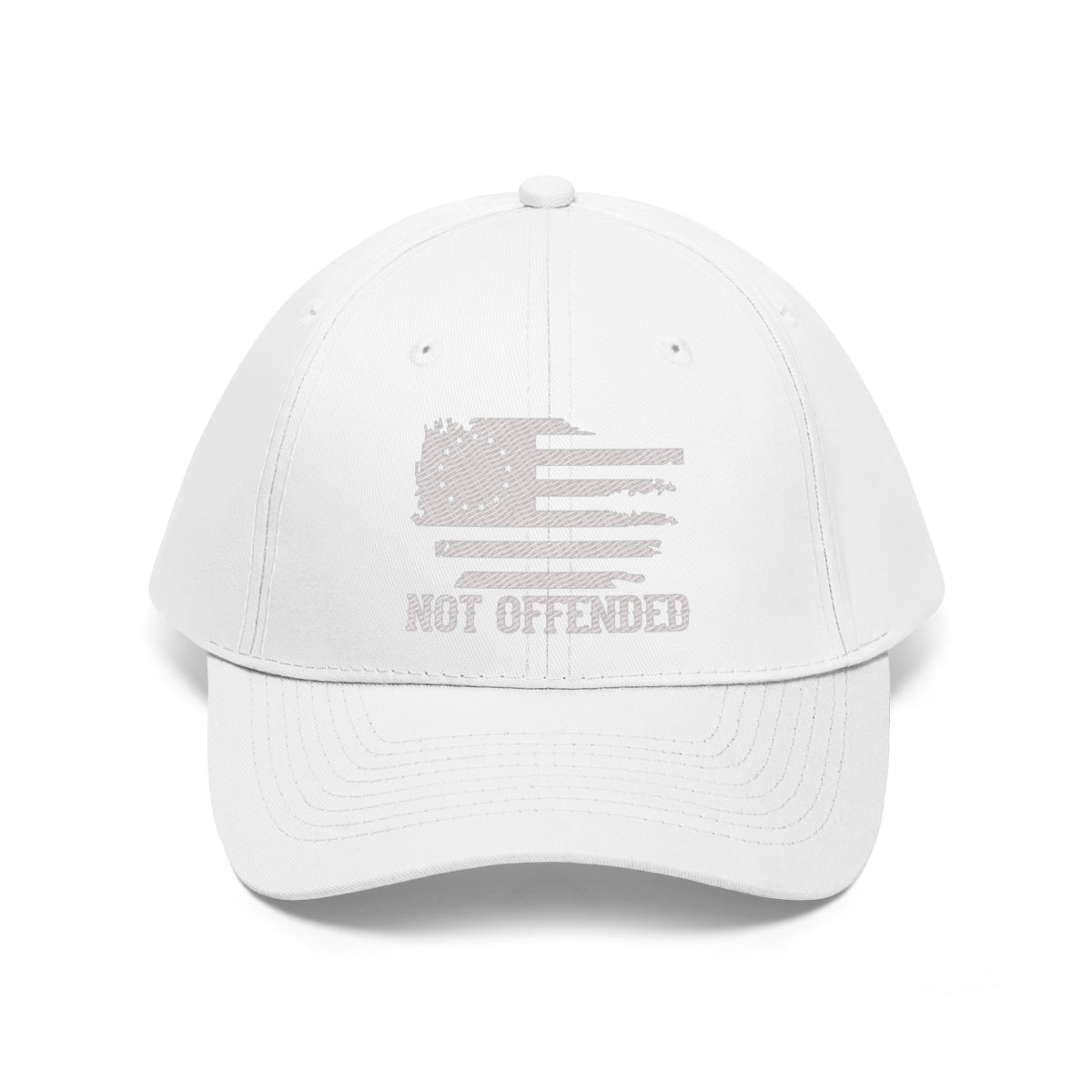 Embroidered Not Offended Adjustable Twill Cap in white with American flag design.