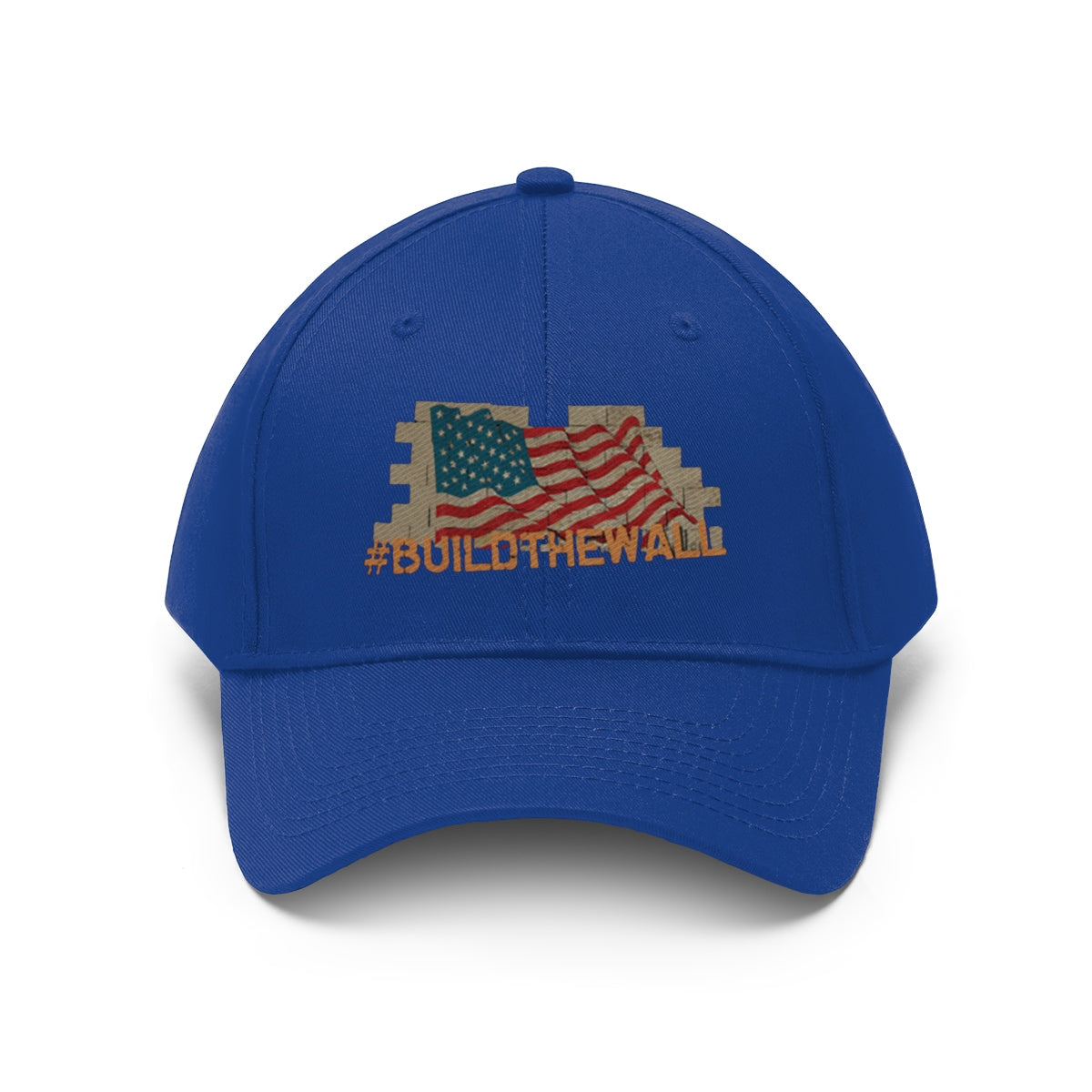 Build The Wall On American Flag Twill Cap with American flag design and bold lettering on a blue cap.