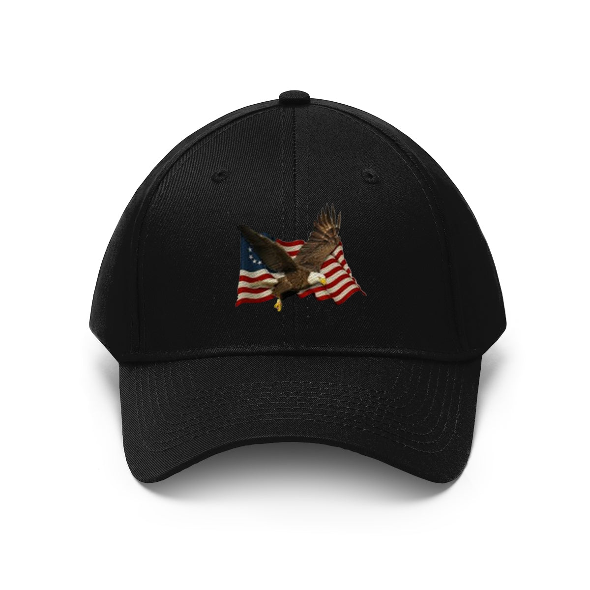 Eagle On American Flag Twill Cap featuring a bald eagle over an American flag design.