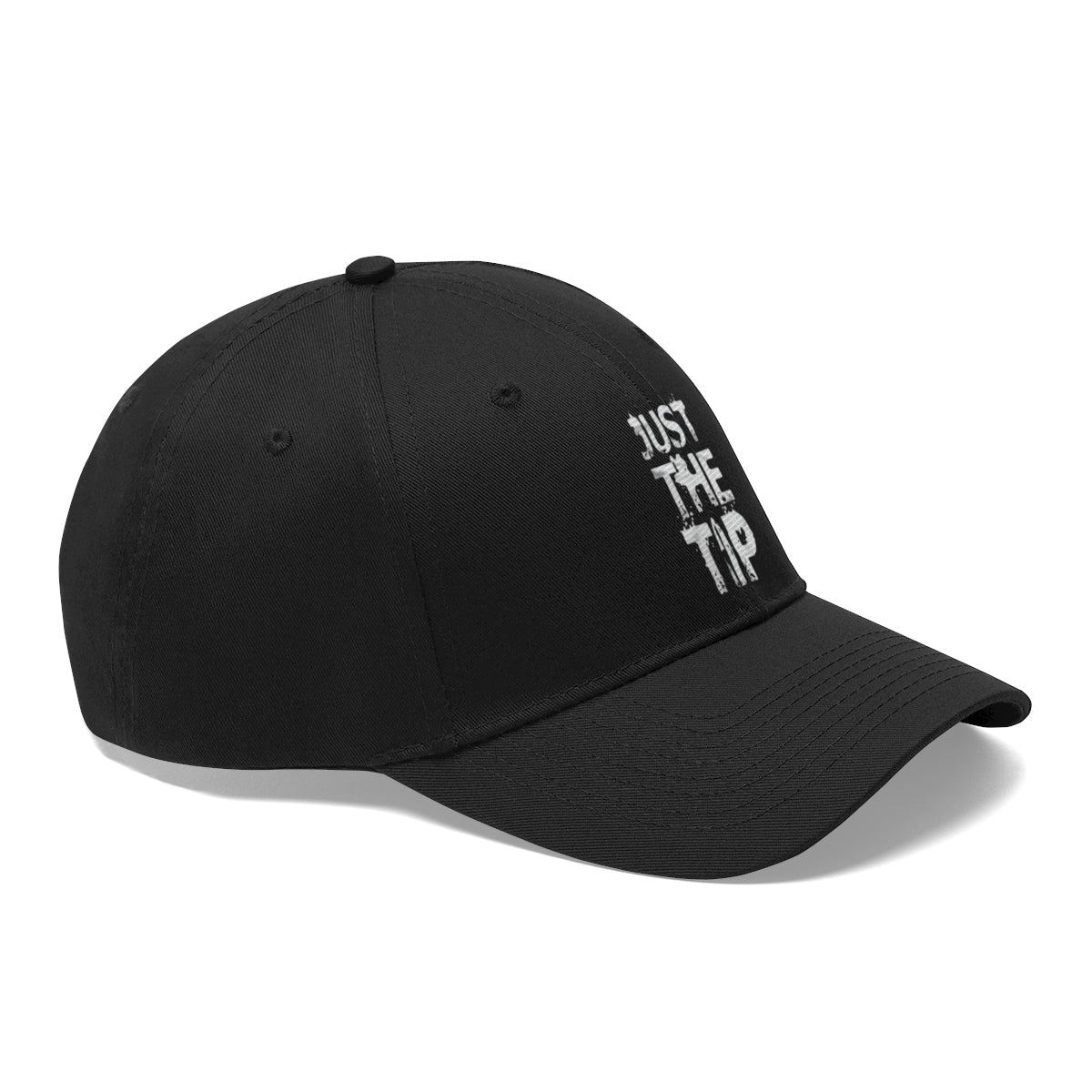 Just The Tip Funny Quote Twill Baseball Cap in black with white text on the front, showcasing a humorous design.