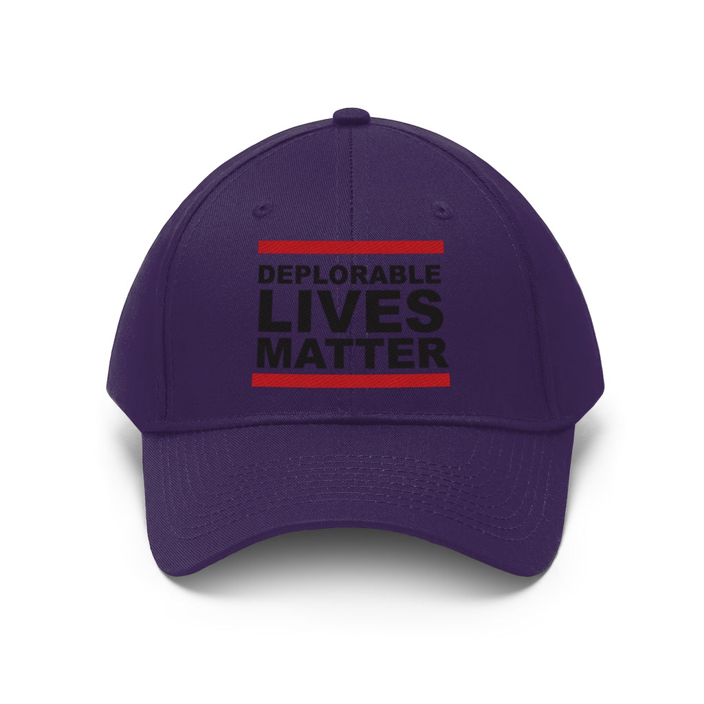 Deplorable Lives Matter Twill Cap in purple with bold text, perfect for passionate patriots and political rallies.