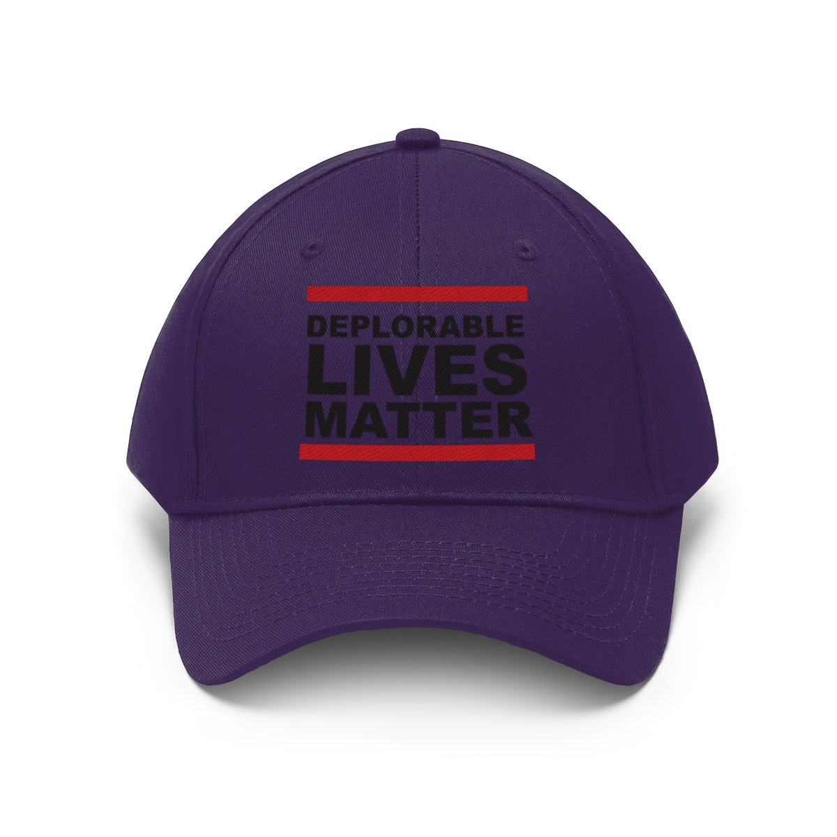 Deplorable Lives Matter Twill Cap in purple with bold text, perfect for passionate patriots and political rallies.
