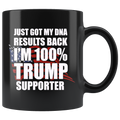 Black ceramic mug with text 'Just Got DNA Results I Am 100 Percent Trump Supporter' in white.