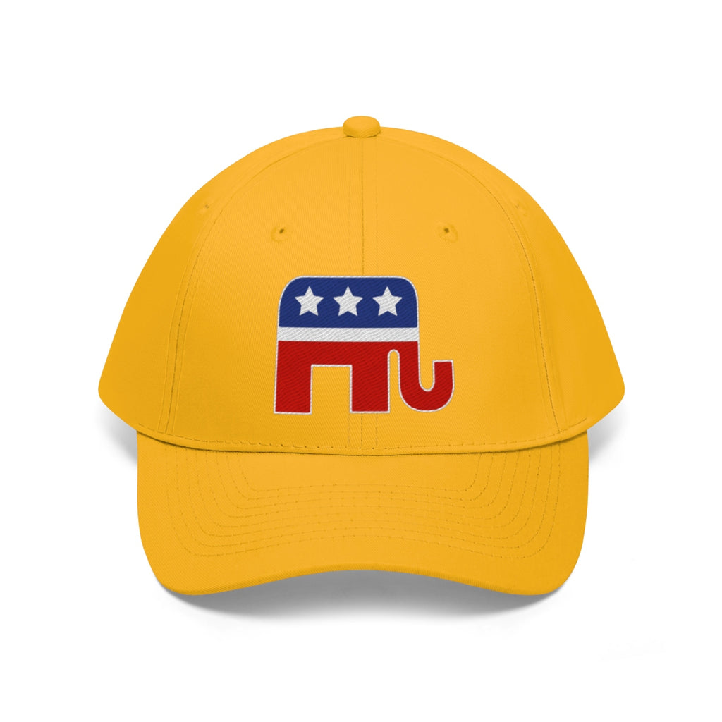 GOP Symbol Twill Cap Patriotic Political Graphic Cap featuring an elephant logo on a yellow background.