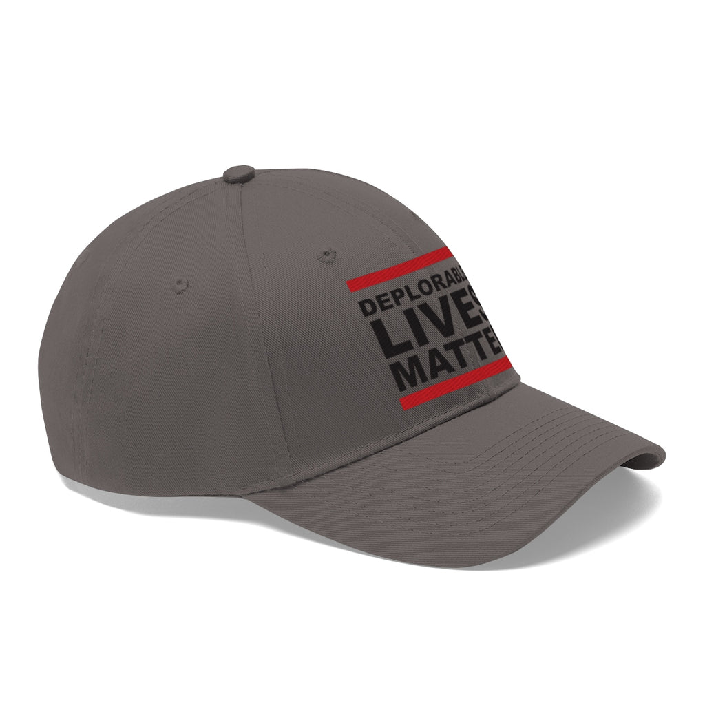 Deplorable Lives Matter Twill Cap in gray with bold text for political expression.