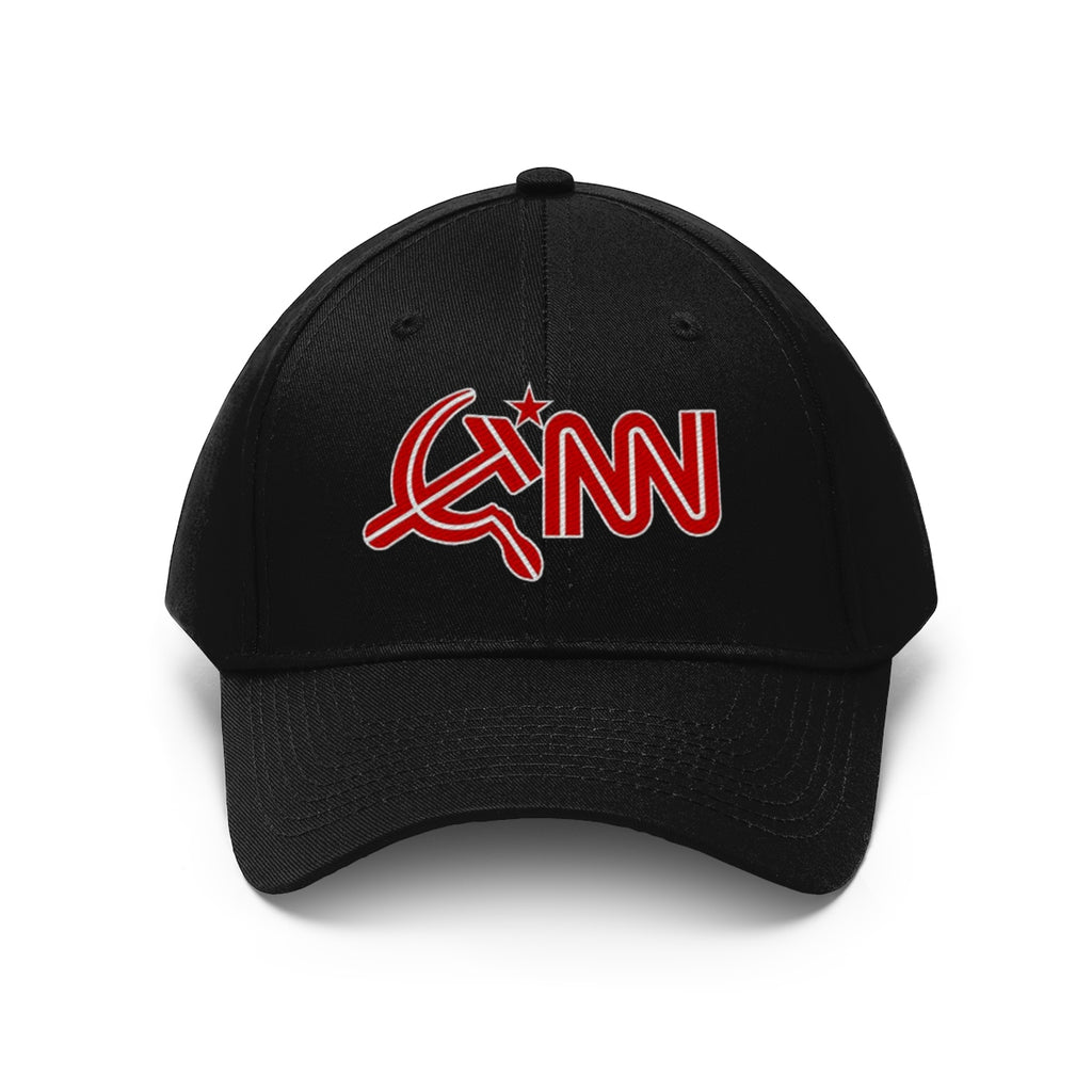 CNN With Hammer And Sickle Twill Cap displaying a provocative design with the hammer and sickle symbol.