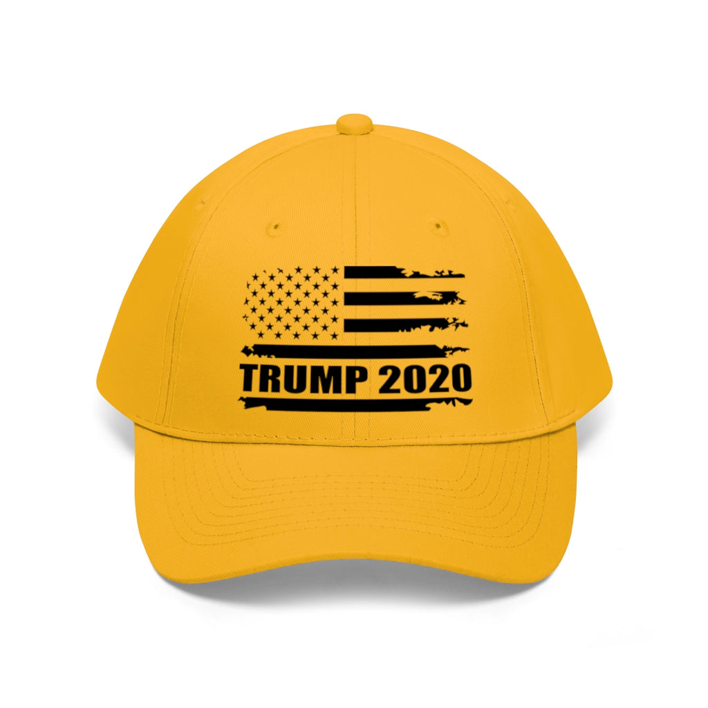 2020 Twill Cap Trump Bold Supporter Cap featuring a yellow design with an American flag and Trump 2020 text.