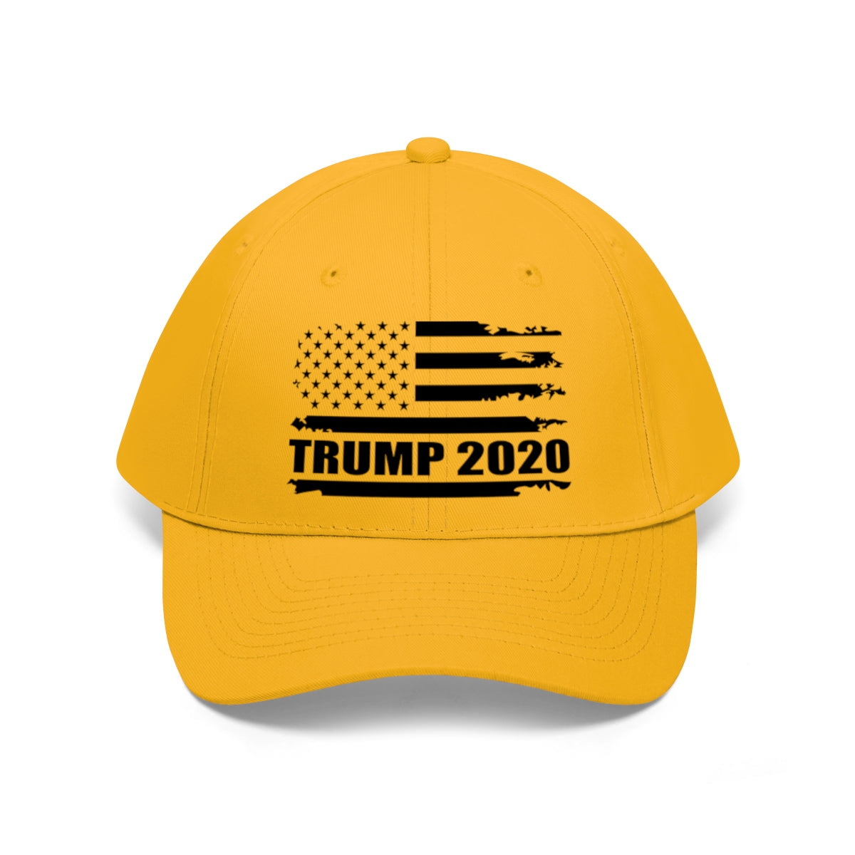 2020 Twill Cap Trump Bold Supporter Cap featuring a yellow design with an American flag and Trump 2020 text.