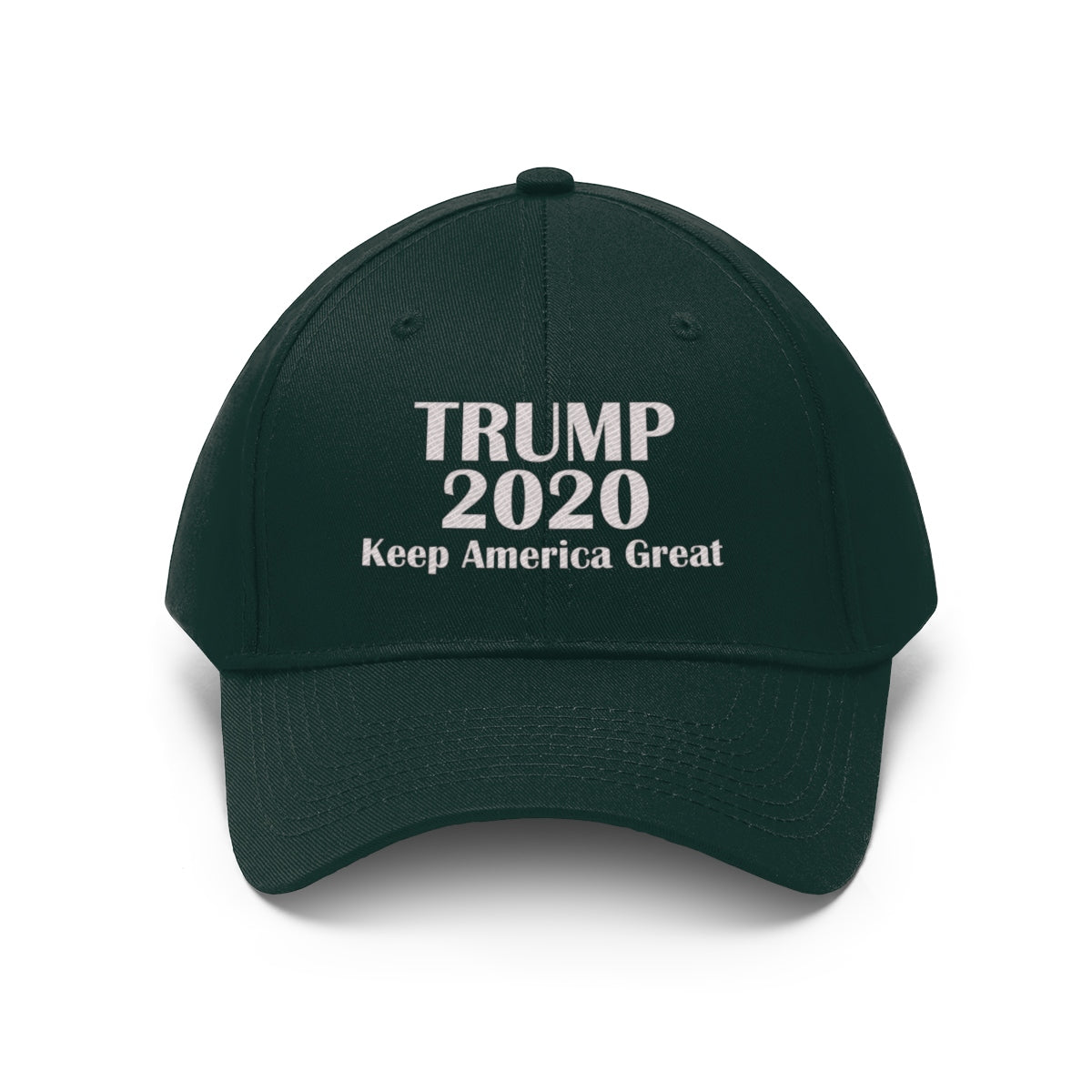 Trump 2020 Keep America Great Campaign Twill Cap in dark green color showcasing bold text design.