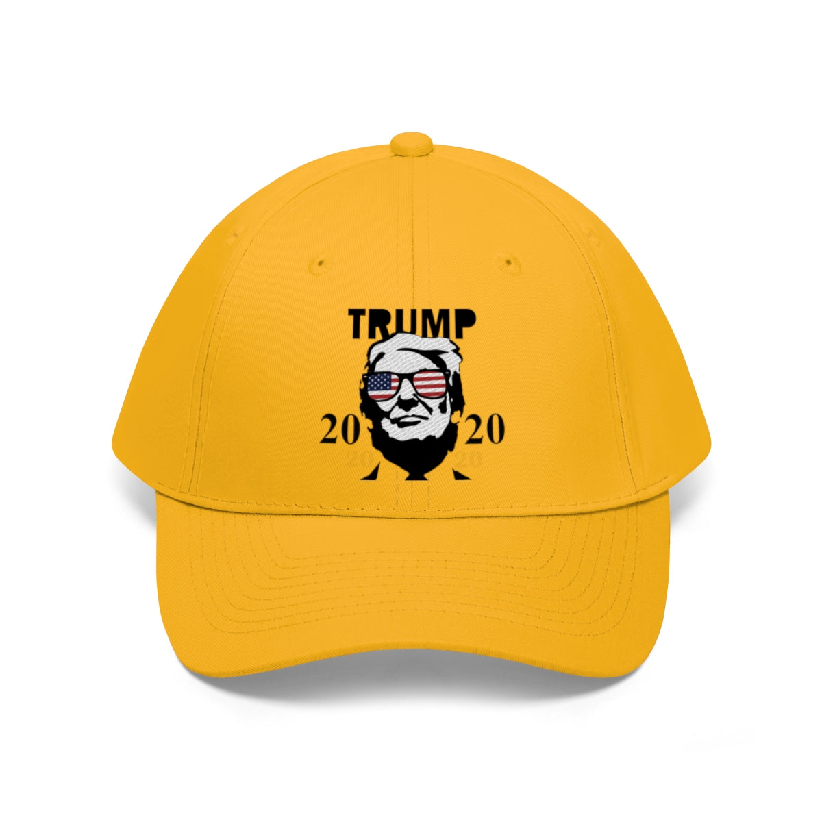Trump 2020 With US Flag Glasses Twill Cap in vibrant yellow featuring a Trump graphic design.