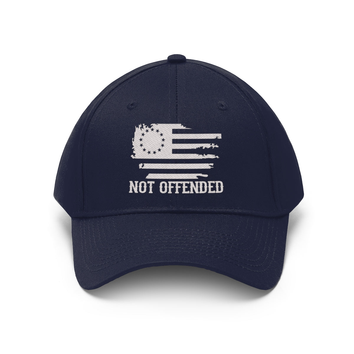 Embroidered Not Offended Adjustable Twill Cap with American flag design and bold lettering.