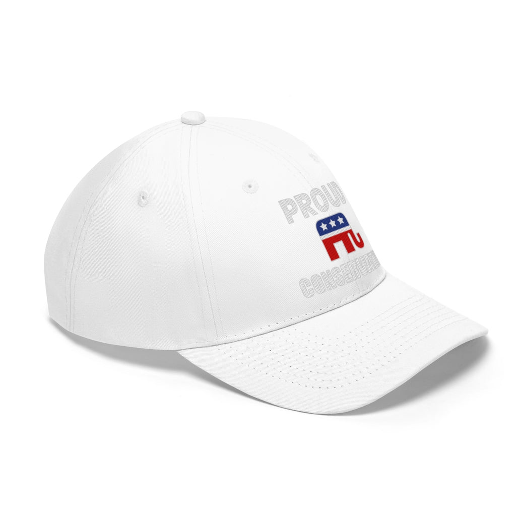 Classic Proud Conservative Twill Baseball Cap featuring white color with political design.
