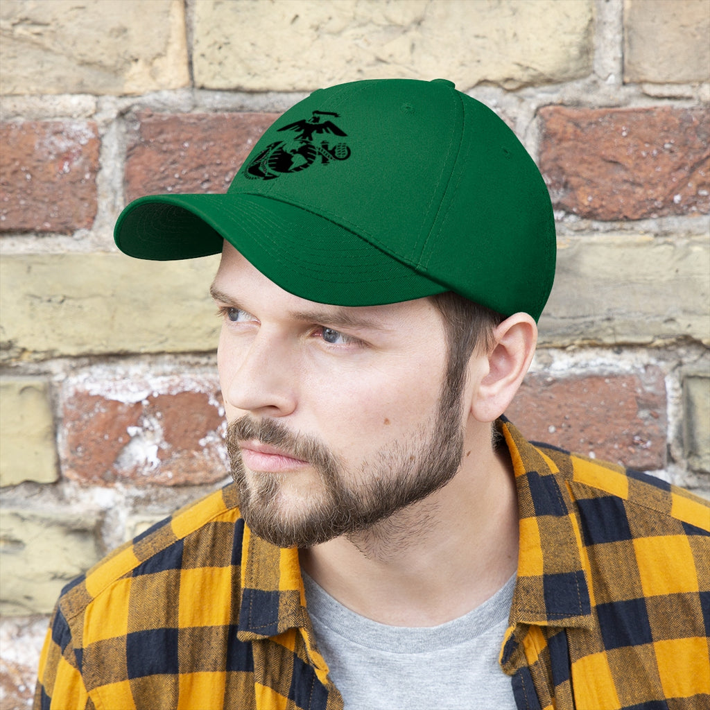 USMC Symbol Twill Cap Marine Corps Pride Hat worn by a man, showcasing military pride and style.