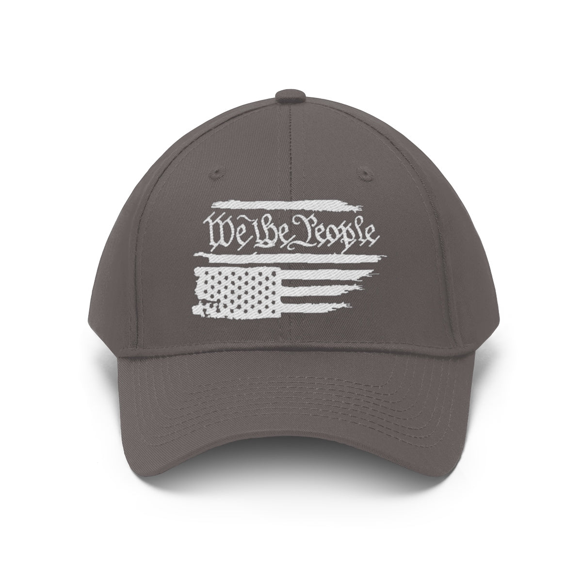 We The People On Distressed American Flag Twill Cap in gray color showcasing a distressed American flag design.
