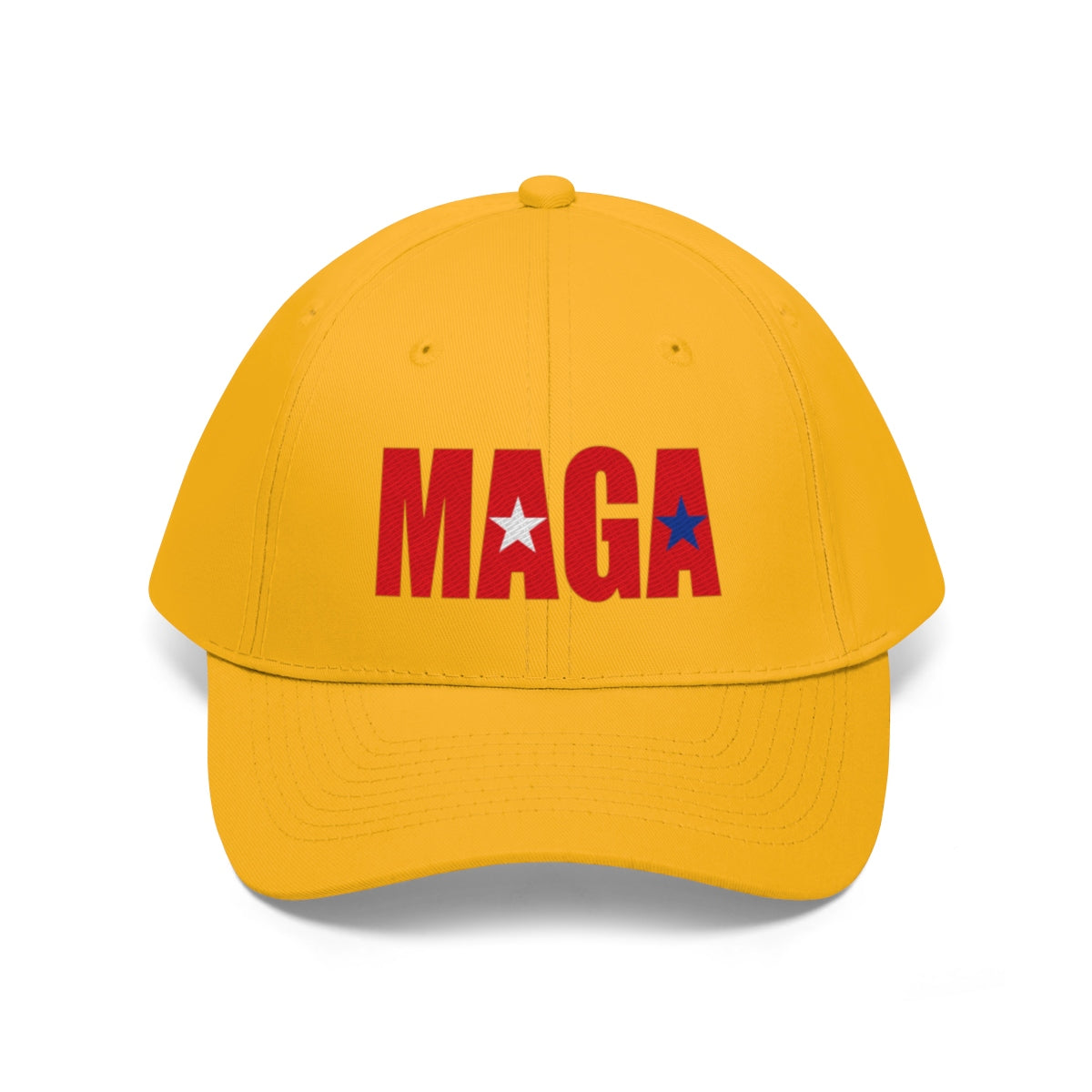 Embroidered MAGA Cotton Twill Cap Design in yellow with red and blue accents, perfect for expressing political support.