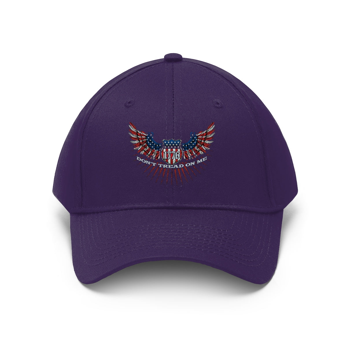 Don't Tread On Me 1776 Eagle American Flag Twill Cap in purple with patriotic design.