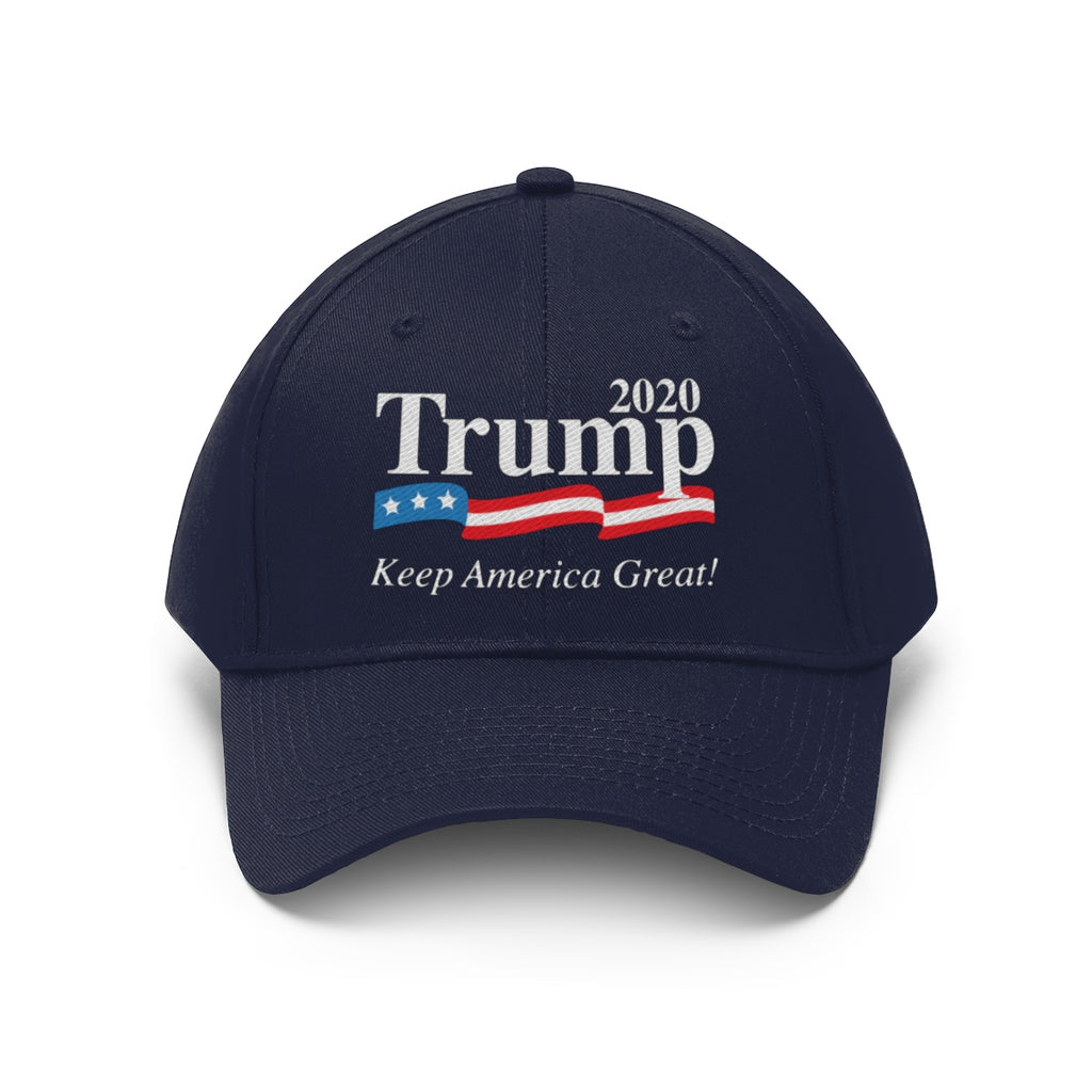 Trump 2020 Keep America Great Twill Cap with patriotic design, showcasing bold colors and slogan.