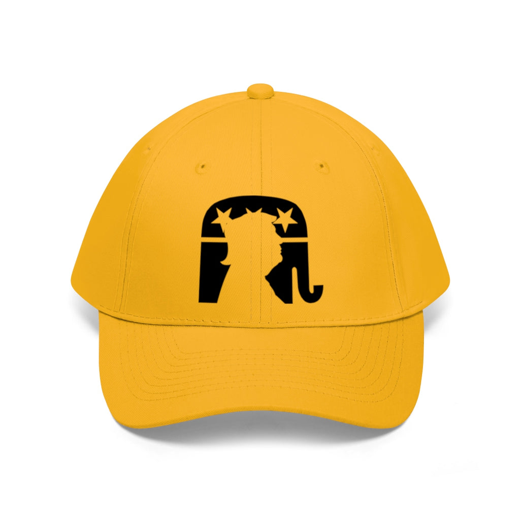 Trump Silhouette On GOP Symbol Twill Cap in yellow with black emblem on the front.