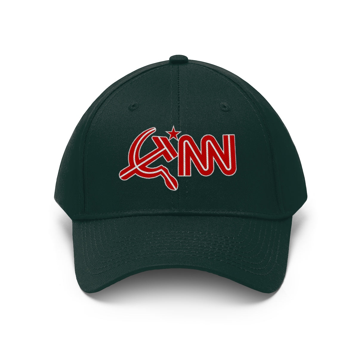 CNN Logo as Hammer and Sickle Twill Cap featuring a bold design on a dark green dad hat.