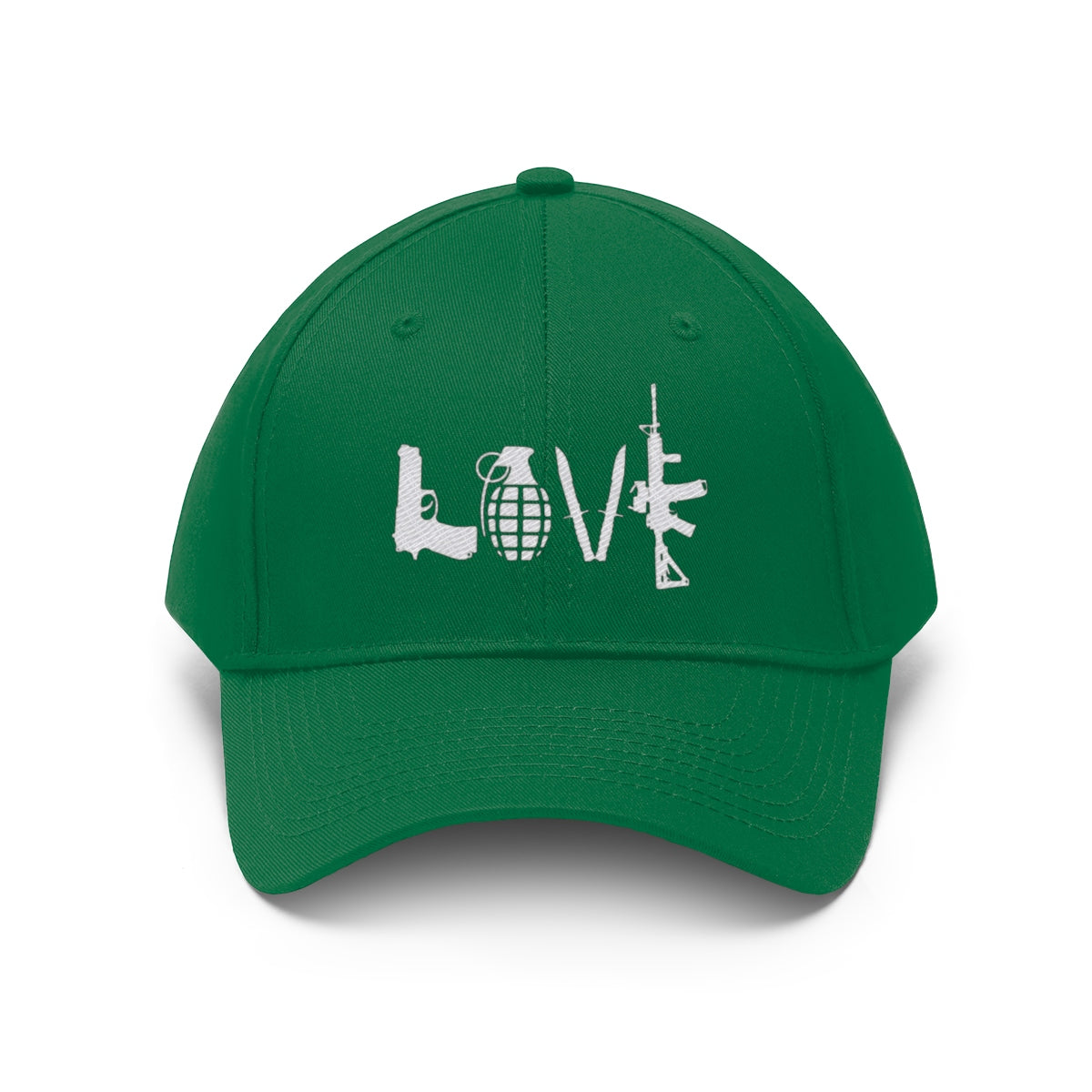 Love Combat Inspired Street Style Twill Cap featuring a graphic design with LOVE, guns, and a grenade.