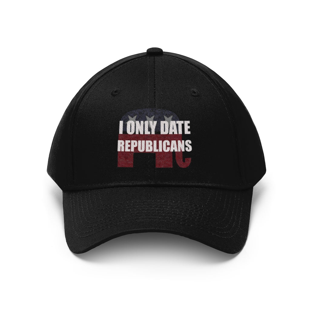 I Only Date Republicans Twill Cap with patriotic design on a black baseball hat.