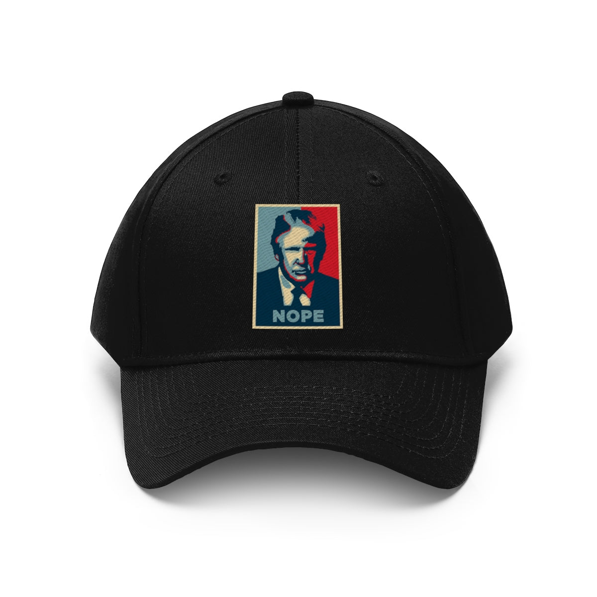 Vintage Nope Baseball Cap Inspired by Trump shown in black with iconic NOPE design.
