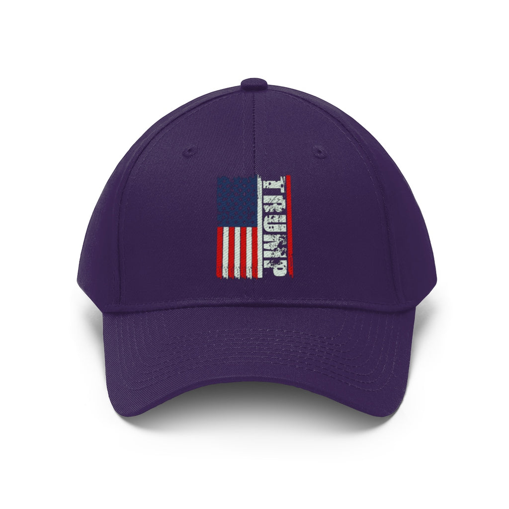 Trump On Verticle Distressed American Flag Twill Cap with horizontal flag design on a purple background.