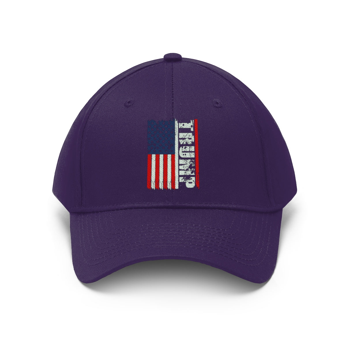 Trump On Verticle Distressed American Flag Twill Cap with horizontal flag design on a purple background.