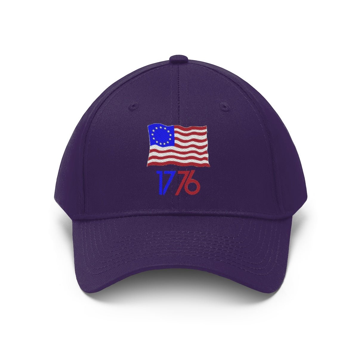 Betsy Ross Flag 1776 Twill Cap featuring American flag design and 1776 logo, symbolizing patriotism and classic style.