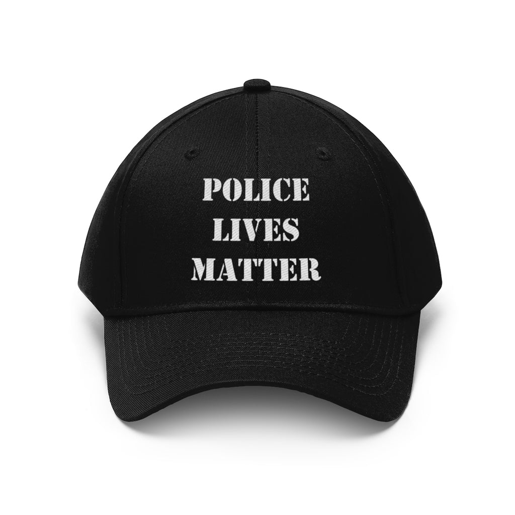 Embroidered Police Lives Matter Twill Cap featuring bold white text on a black baseball cap.
