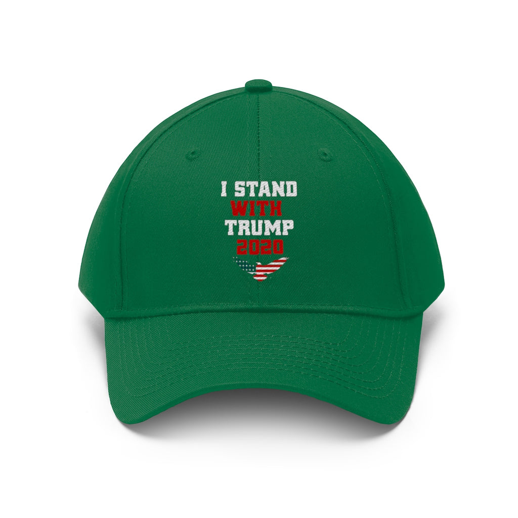 I Stand With Trump 2020 Twill Cap in green with bold red lettering and American flag design.