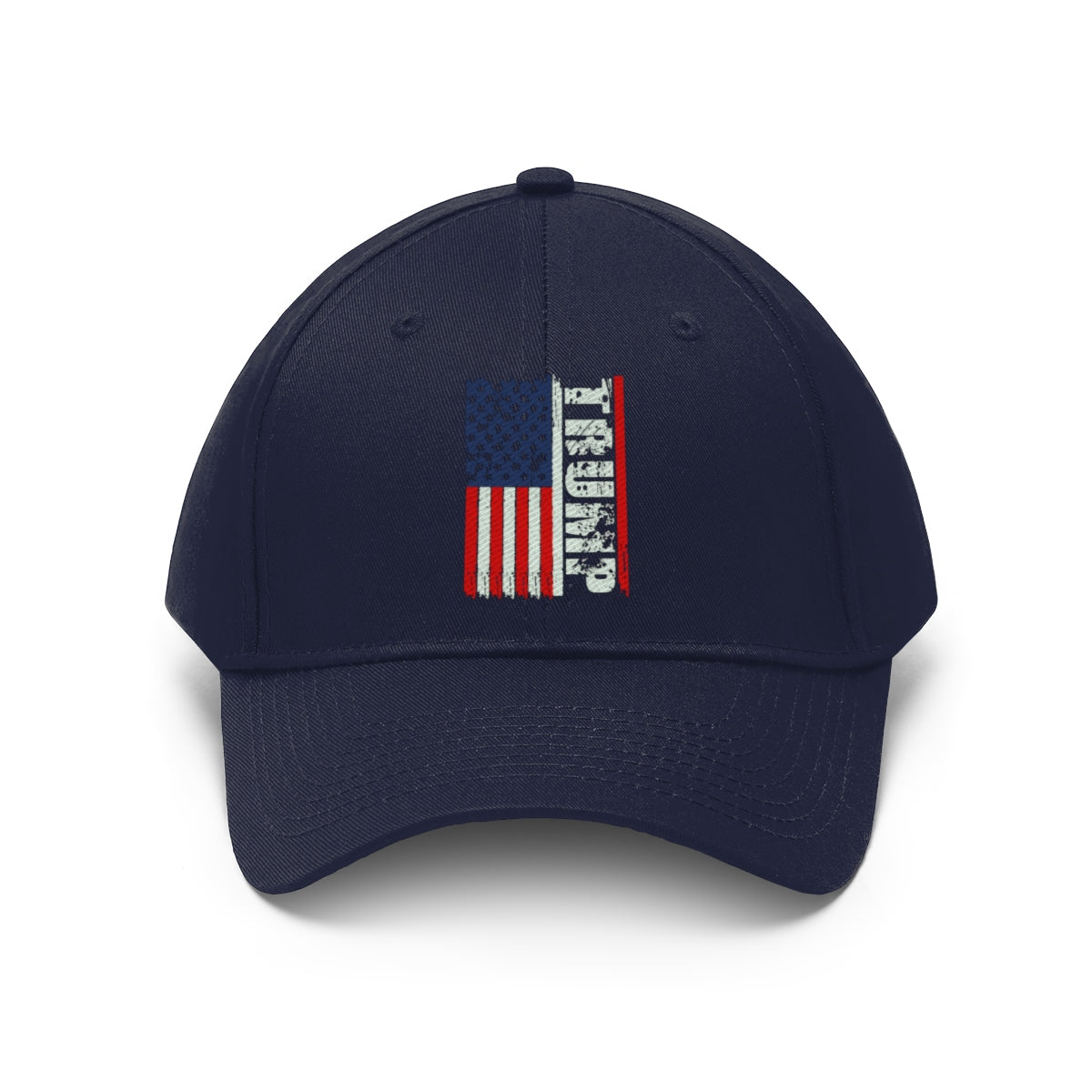 Trump On Verticle Distressed American Flag Twill Cap featuring a distressed American flag design on a navy baseball hat.