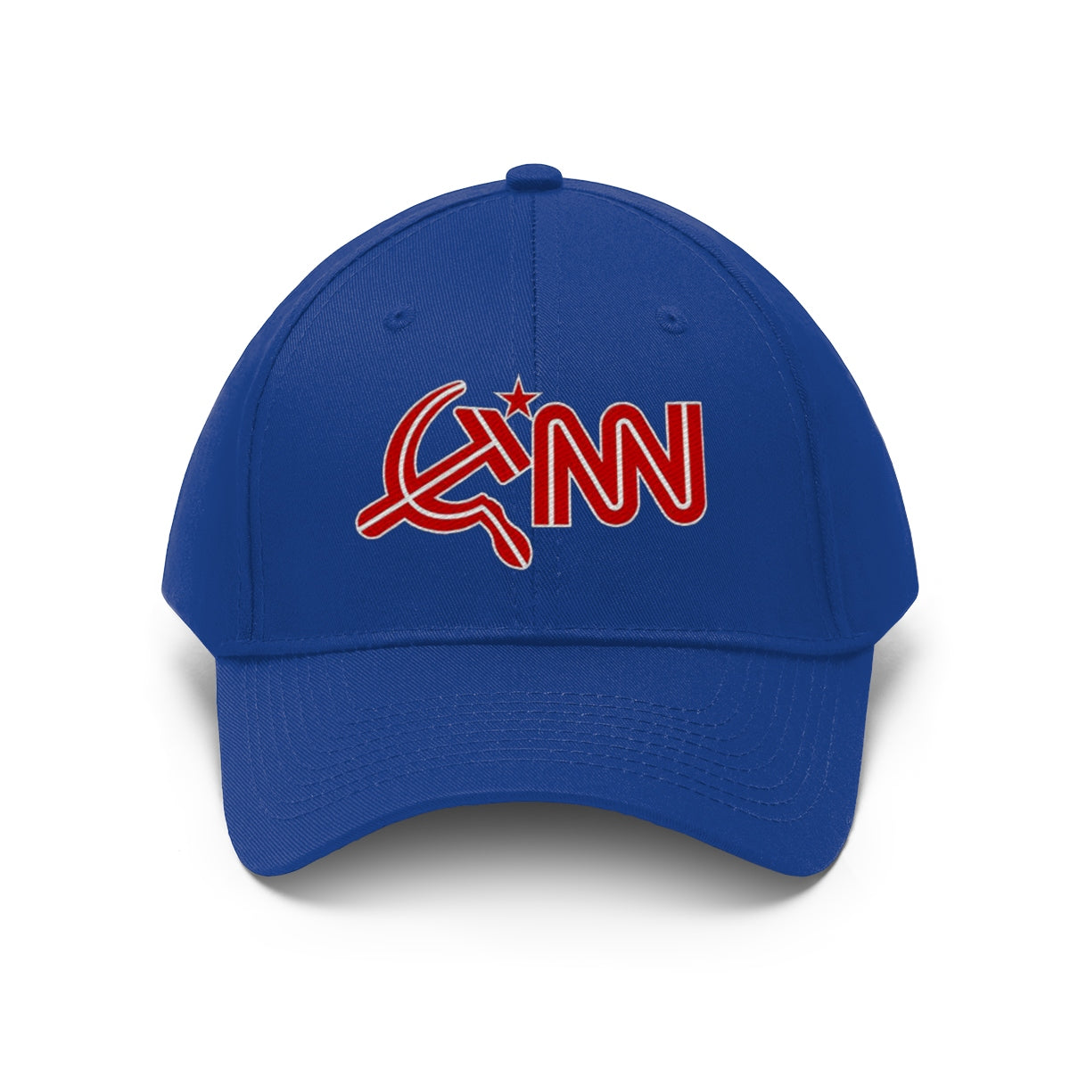 CNN With Hammer And Sickle Twill Cap featuring bold logo on a blue cap, a provocative piece of political satire.