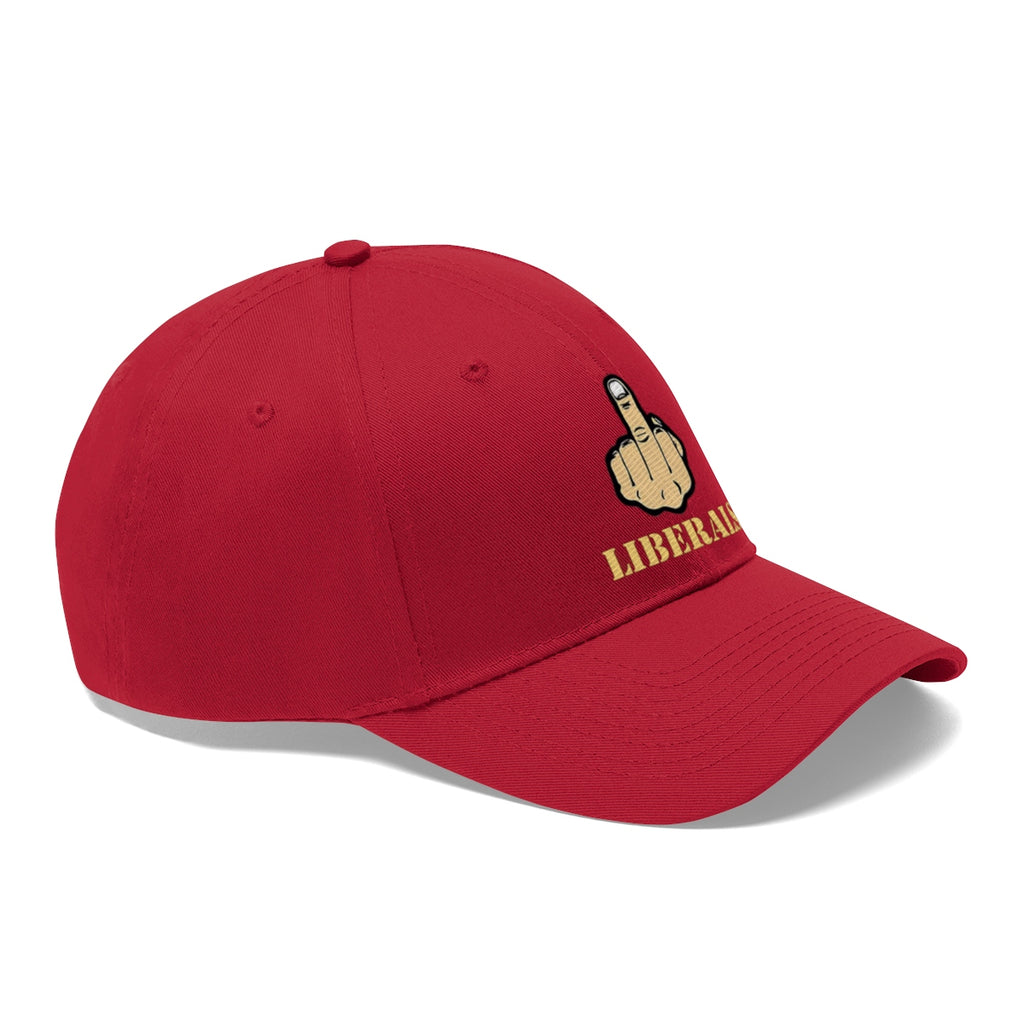 Vintage Fuck Liberals Cotton Twill Cap Design red cap with middle finger graphic and LIBERALS text