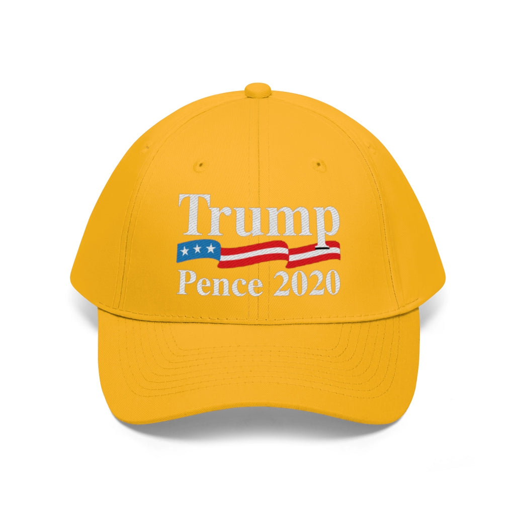 Trump Pence 2020 American Flag Twill Cap featuring a bold design in yellow.