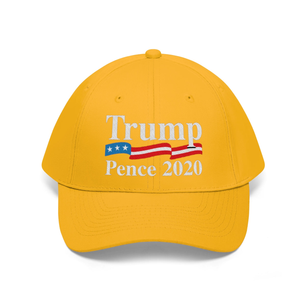 Trump Pence 2020 American Flag Twill Cap featuring a bold design in yellow.