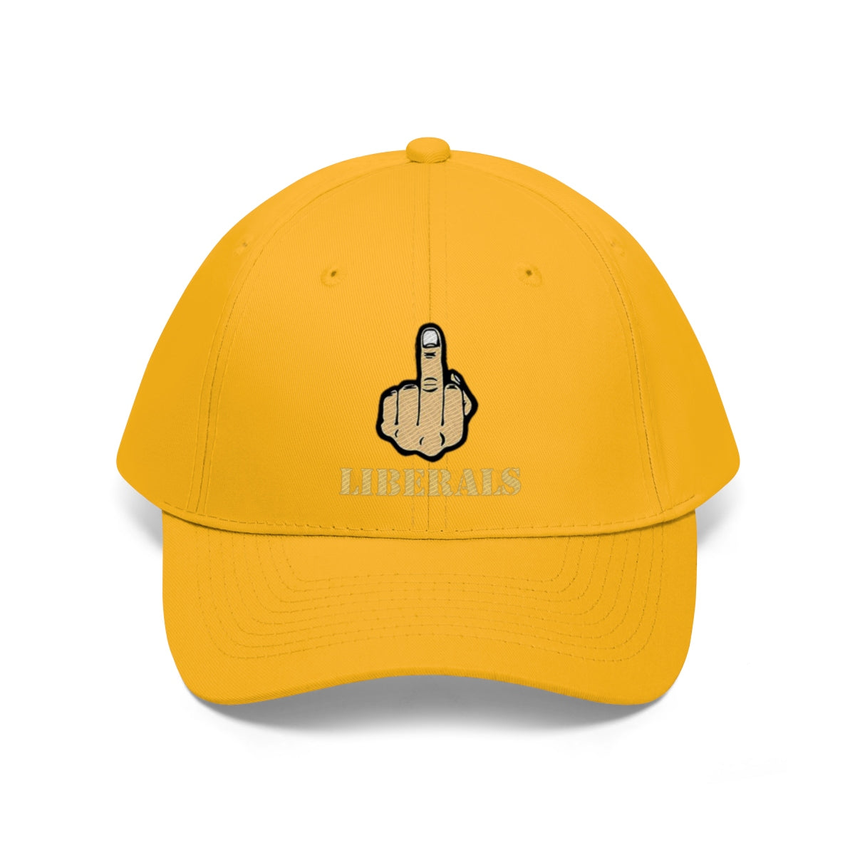 Vintage Fuck Liberals Cotton Twill Cap Design yellow cap with defiant middle finger graphic.