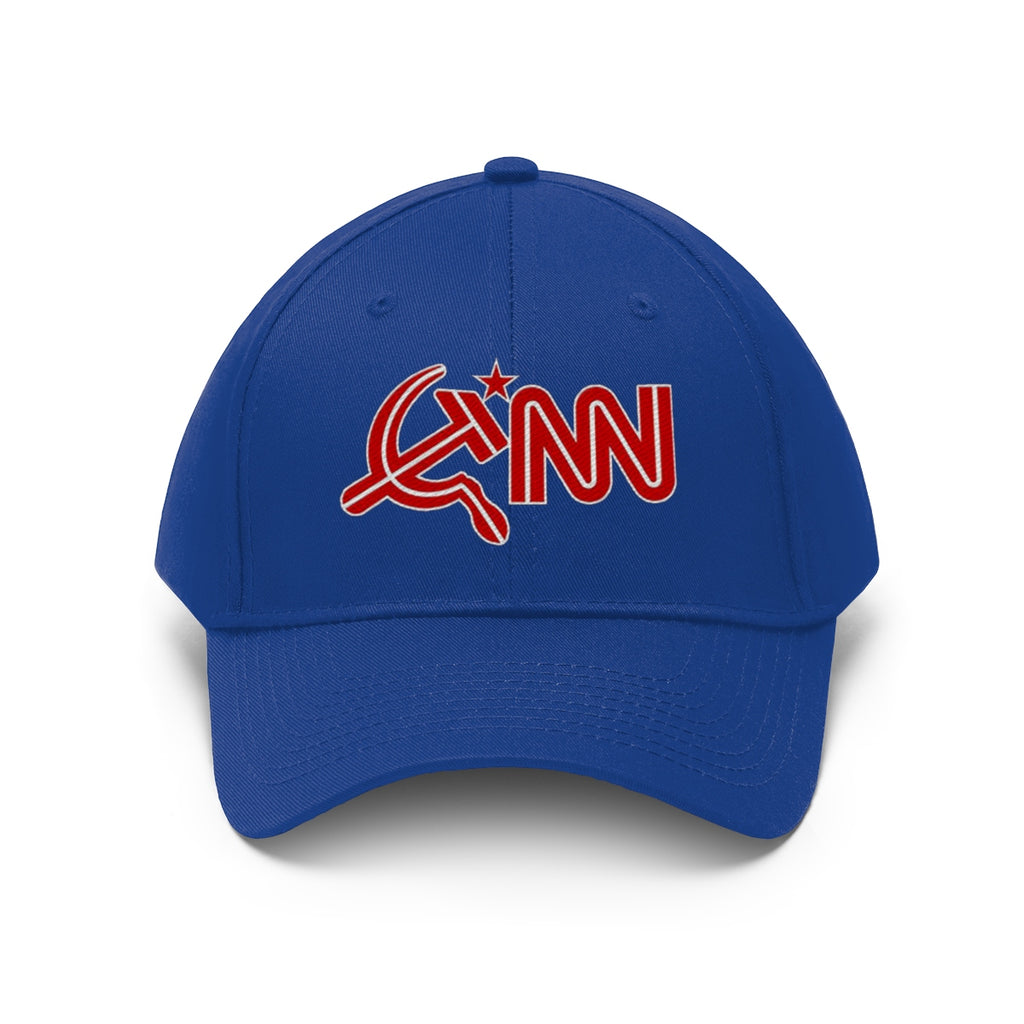 CNN Logo as Hammer and Sickle Twill Cap featuring a bold blue design and iconic logo.