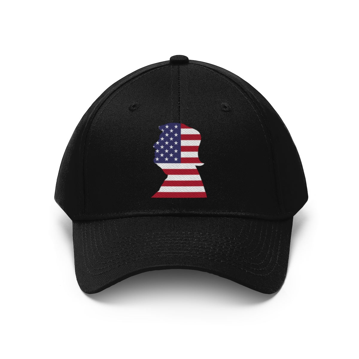 Trump American Flag SilhouetteTwill Cap featuring a black hat with a red, white, and blue American flag silhouette.
