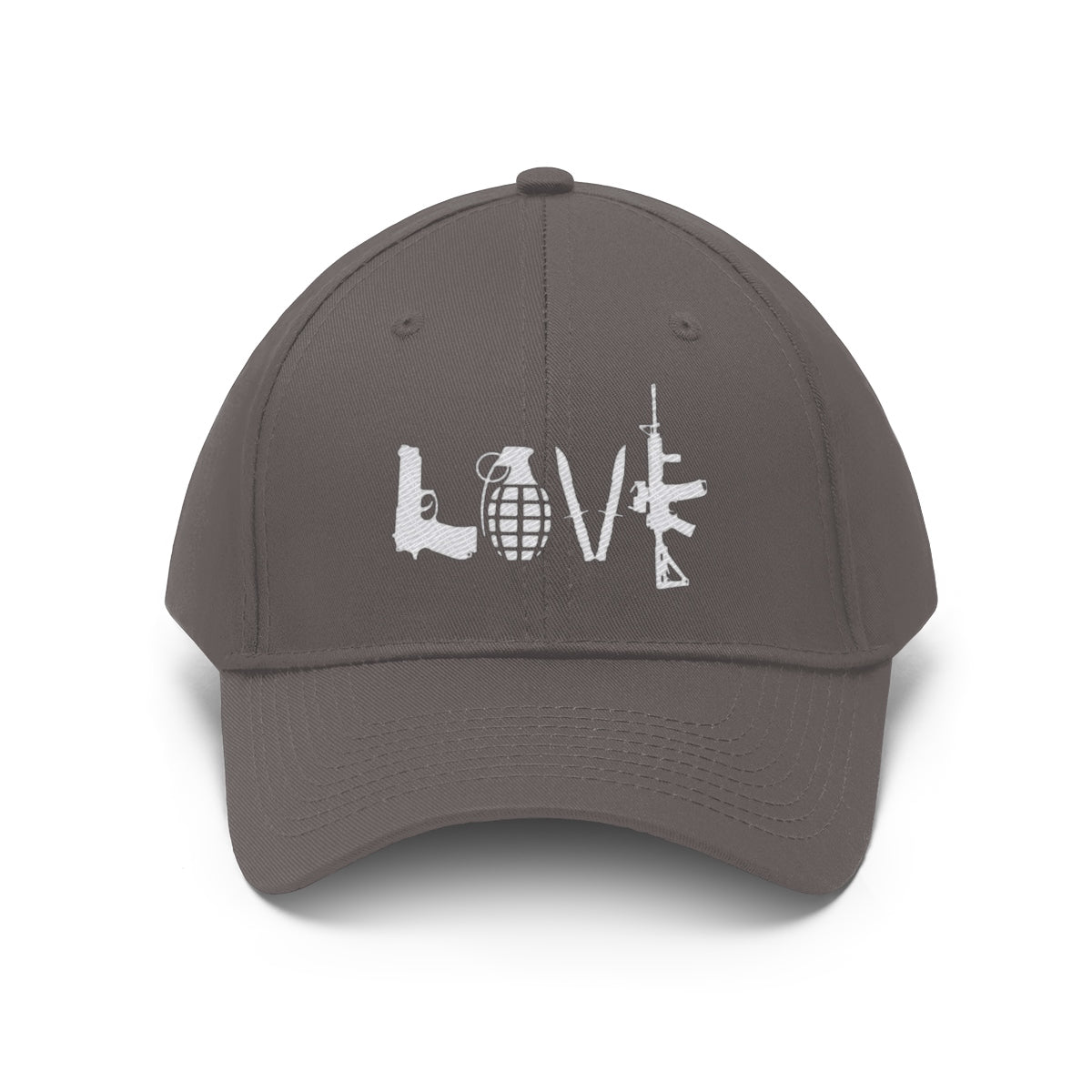 Love Combat Inspired Street Style Twill Cap featuring a unique design with guns and a grenade.