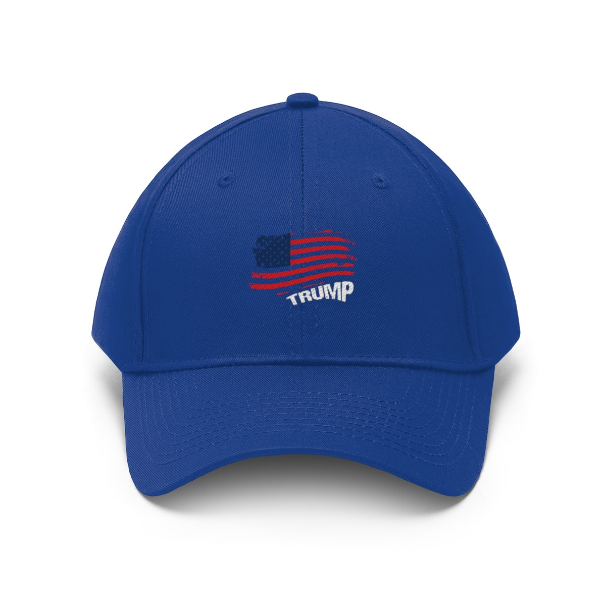 American Flag Twill Cap Trump Bold Supporter Cap in blue with embroidered flag and Trump logo.