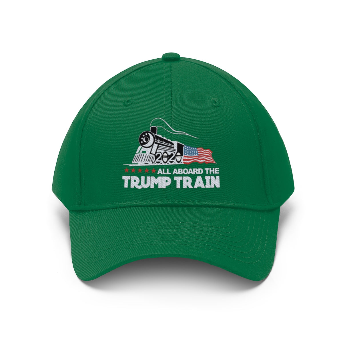 All Aboard The Trump Train 2020 Twill Cap featuring a train graphic and bold text on a green background.