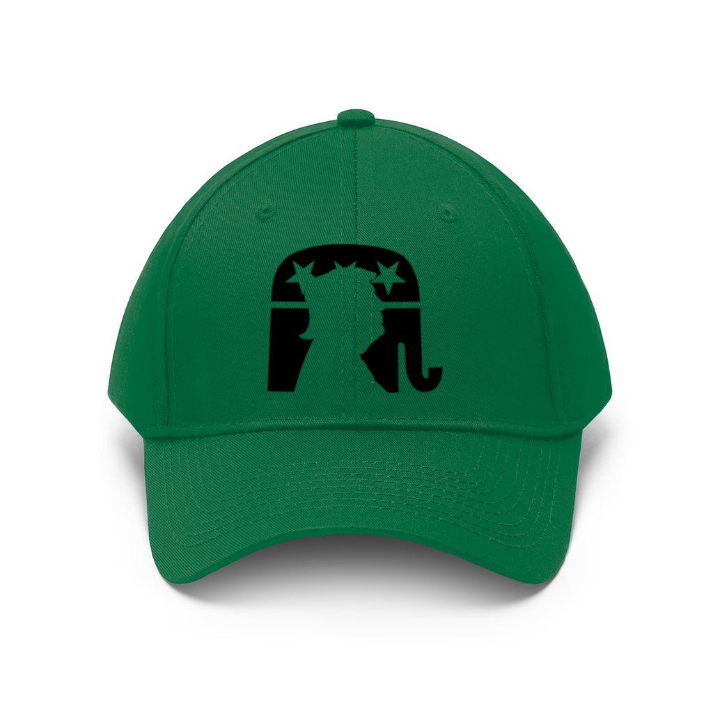 Trump Silhouette On GOP Symbol Twill Cap in green with black design for political supporters.