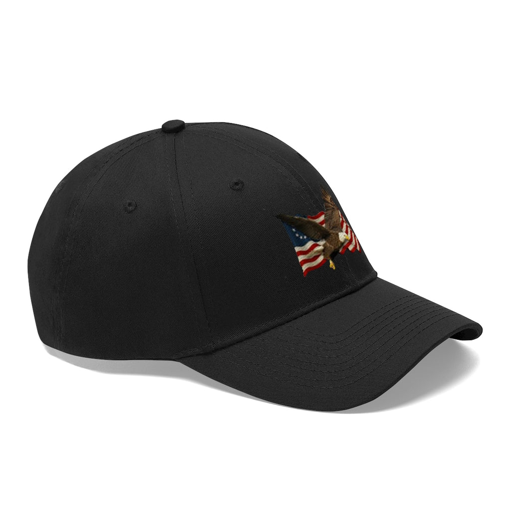 Eagle On American Flag Twill Cap showcasing a bald eagle embroidered on a classic black cap.
