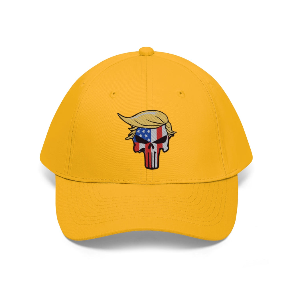 Classic Punisher Twill Cap with Trump Design featuring a Trump skull graphic on a yellow cap.