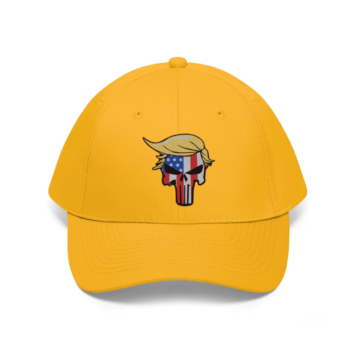 Classic Punisher Twill Cap with Trump Design featuring a Trump skull graphic on a yellow cap.