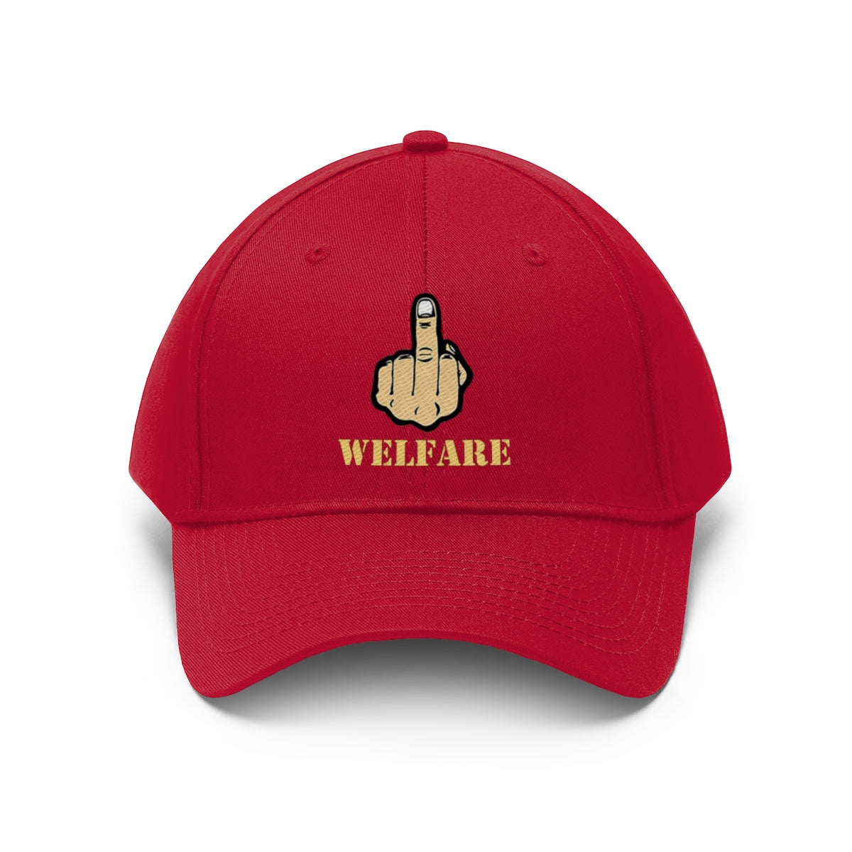 Vintage Fuck Welfare Cotton Twill Cap Design with bold middle finger graphic and 'WELFARE' text.