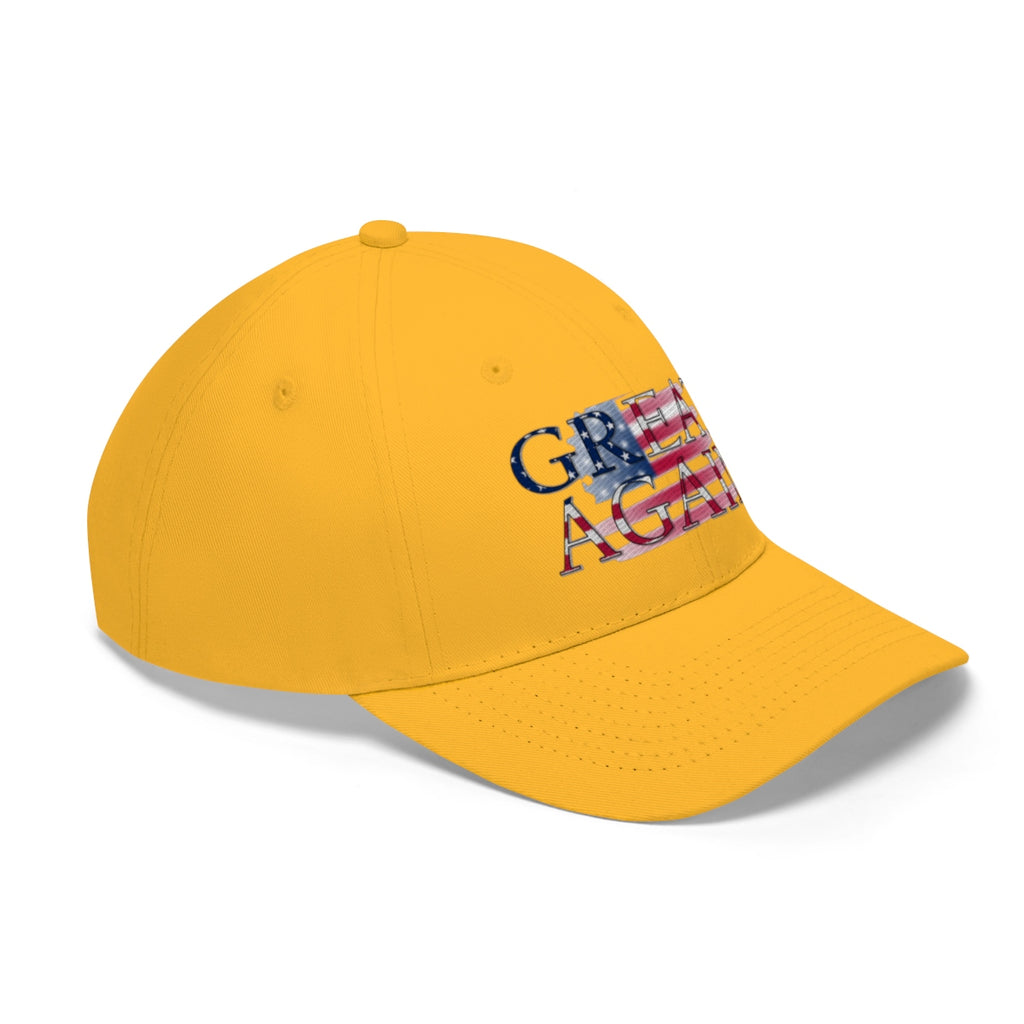 Great Again On Faded American Flag Twill Cap displayed on a yellow baseball cap with American flag design.