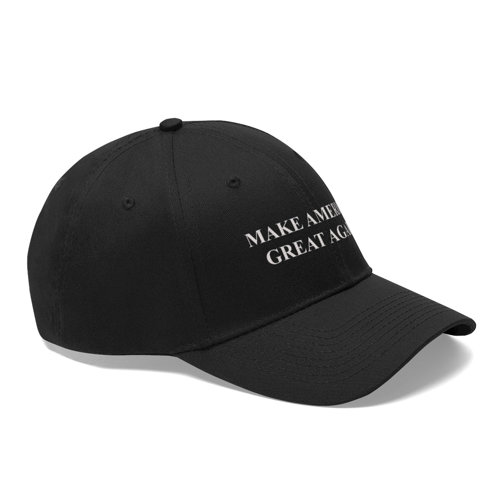 Make America Great Again Twill Cap in black showcasing classic campaign message.